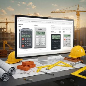 Construction calculator dashboard with tools like concrete, volume, and paint estimator